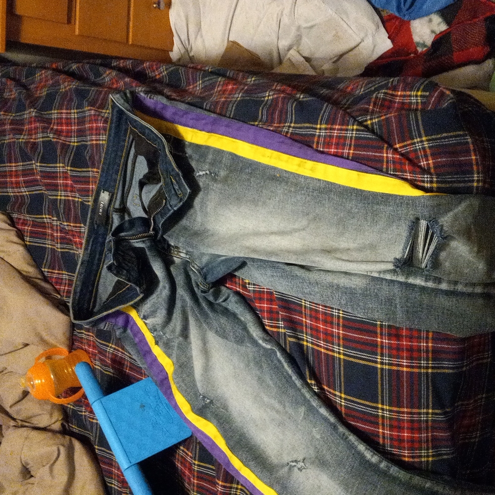 Amiri yellow and purple stripped size 34